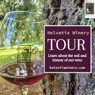 Infographic featuring image of Helvetia Winery glass with wine up against a tree with text box "Helvetia Winery Tour Learn about the soils and history of our wine"